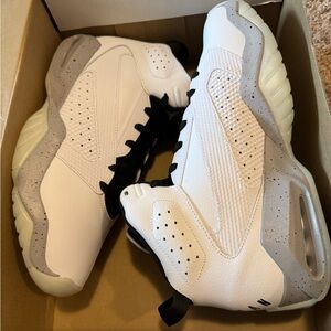 Jordan White and Gray Athletic Shoes with High-Top Design